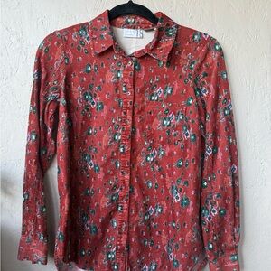 Anthropologie Red Floral Corduroy Button Down Shirt